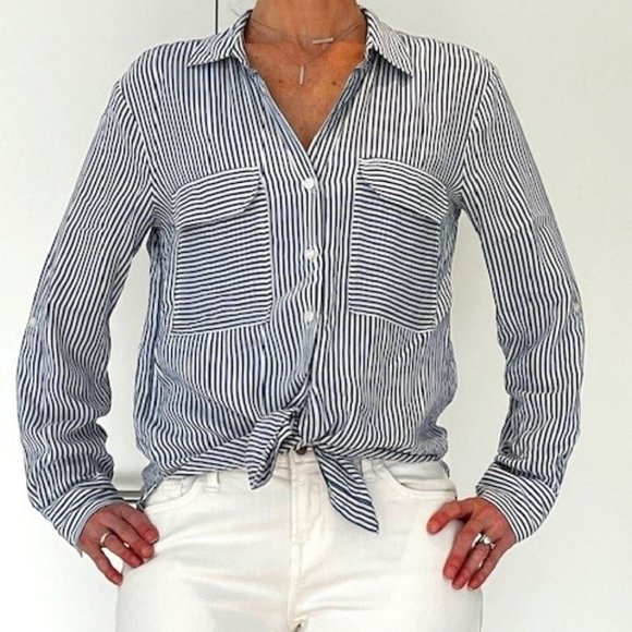 Maeve (Anthropologie), small, long-sleeve button up, navy and white stripes - Picture 1 of 6